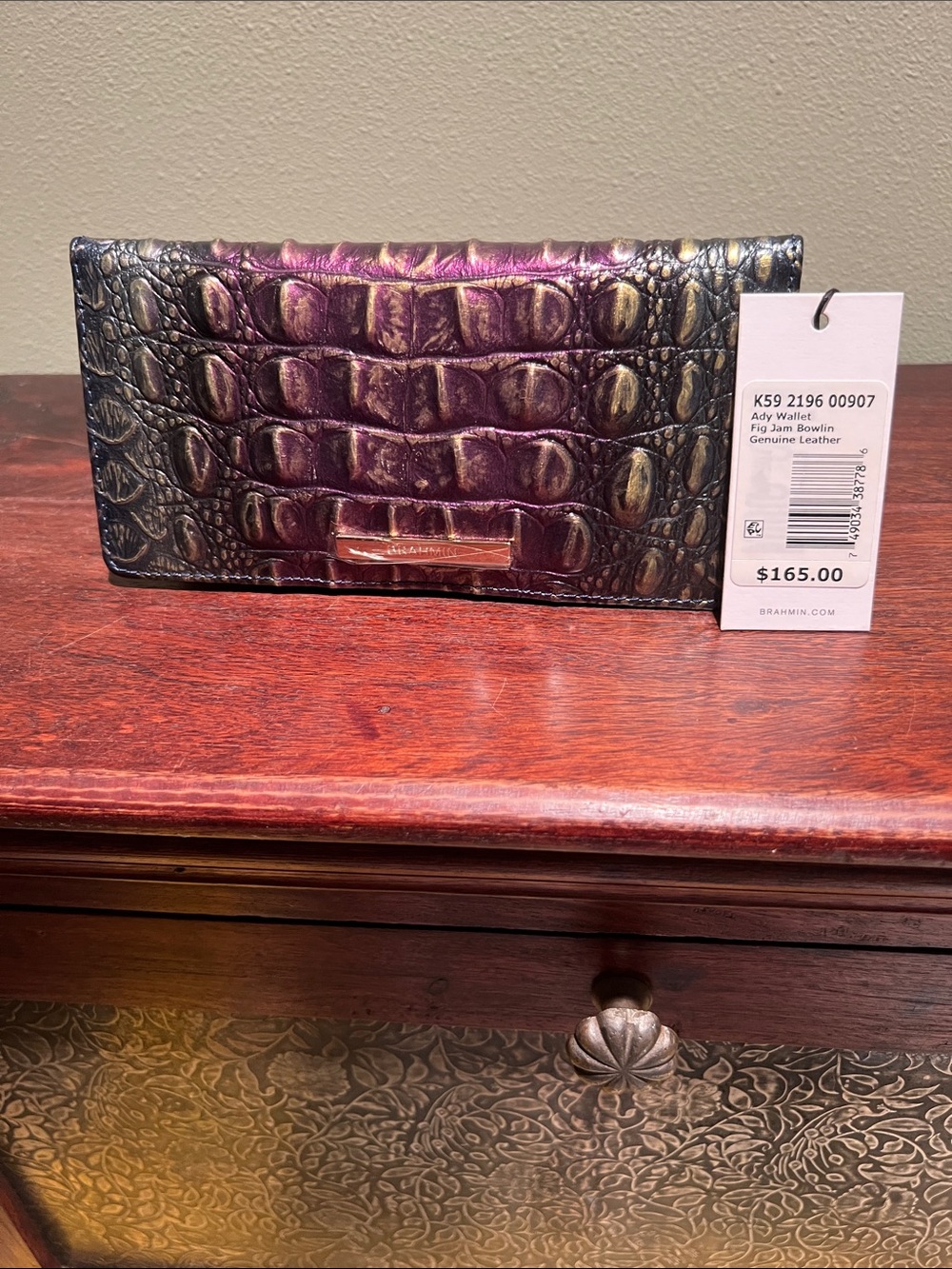 Brahmin Special Edition Iridescent Plum Blue Green Croc-Embossed Leather Wallet